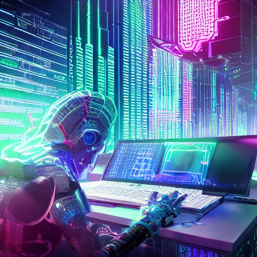 image of a blue cyber warrior in a neon digital background at a computer protecting their data