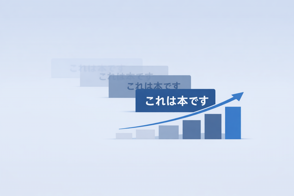 Layered Japanese sentence blocks gradually becoming clearer, positioned above a rising line and bars to represent understanding improving through repeated exposure.