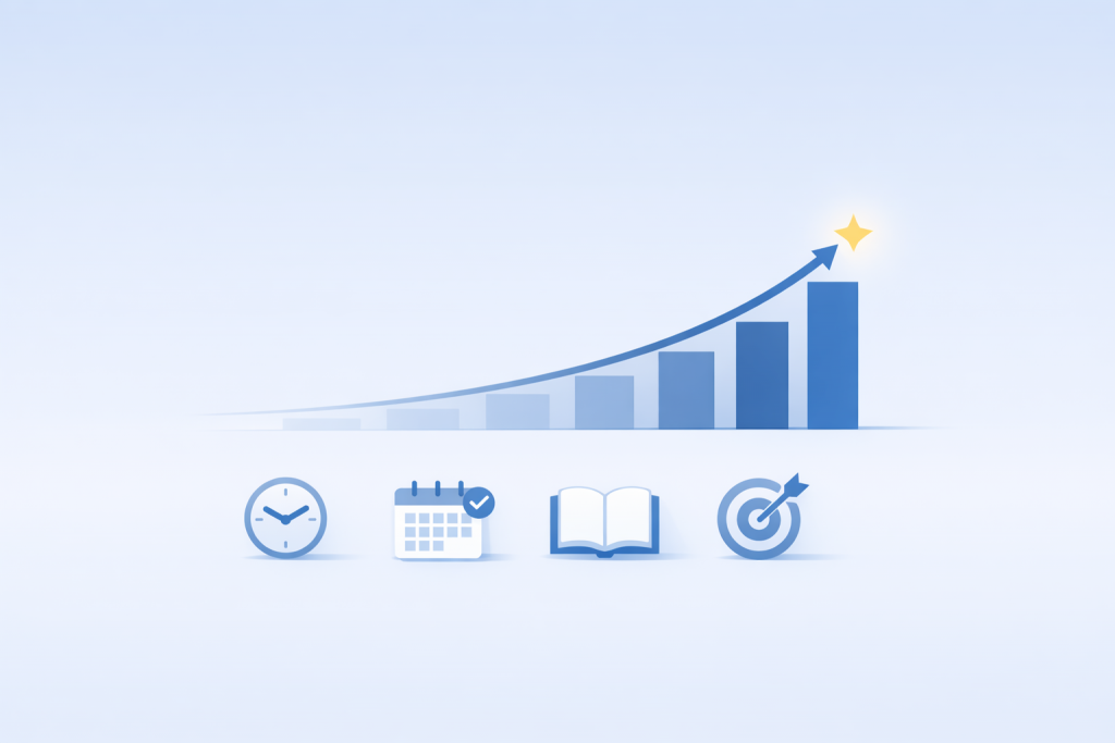 Upward‑curving progress graph with simple bars and a small star at the end, with icons for time, consistency, reading, and mastery beneath, symbolizing steady long‑term improvement.