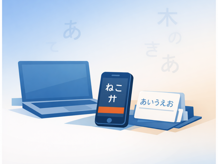 Minimalist desk scene with a laptop, notebook, coffee cup, and a phone displaying an abstract Japanese vocabulary card, suggesting quiet daily language study alongside work.